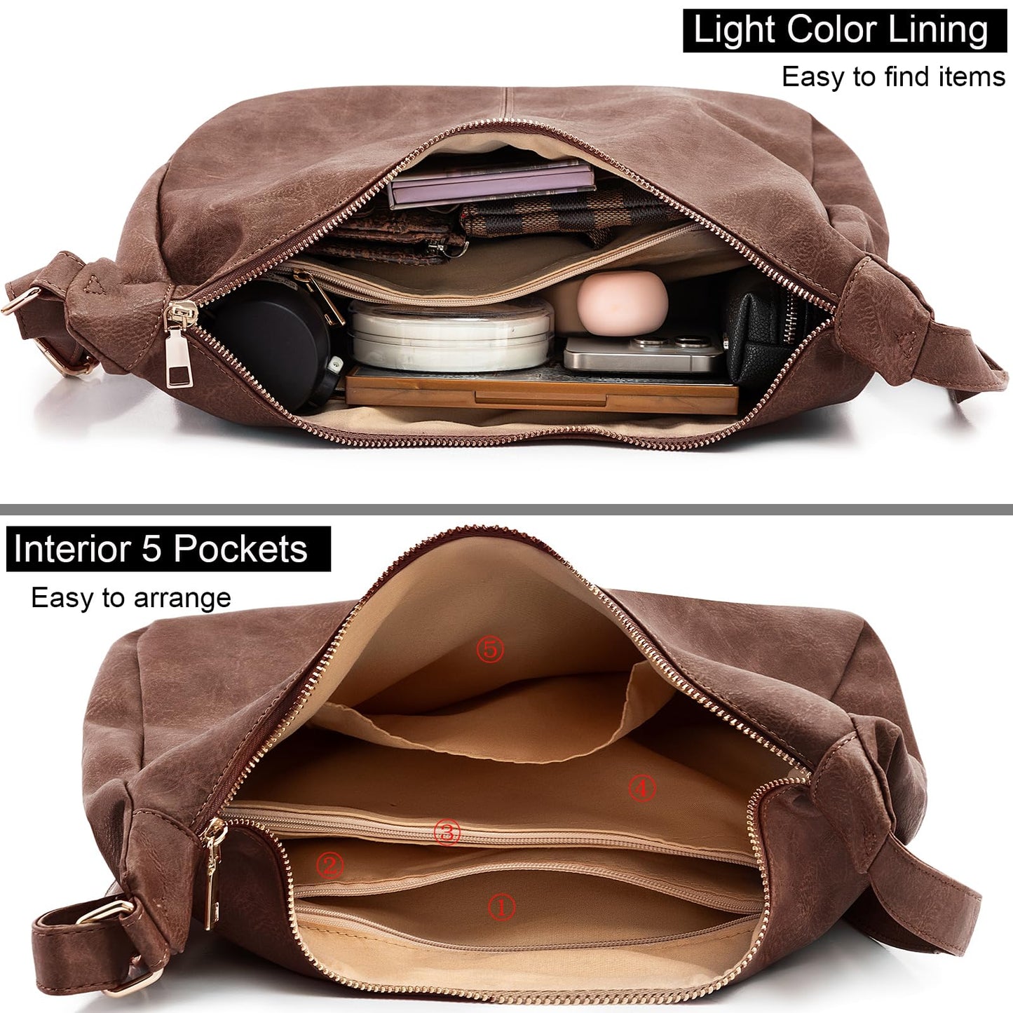 NIUEIMEE ZHOU Hobo Bags for Women Foldable Vegan Leather Shoulder Handbag Slouchy Tote Crossbody Purses