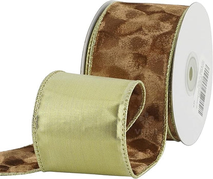 MEEDEE 2-1/2 inch Brown and Gold Velvet Ribbon 10 Yards Spool Two Tone Wired Ribbon for Christmas Tree, Gift Wrapping, Thanksgiving Wreaths, Fall Velvet Bow, Crafts Supply, Seasonal Decorations