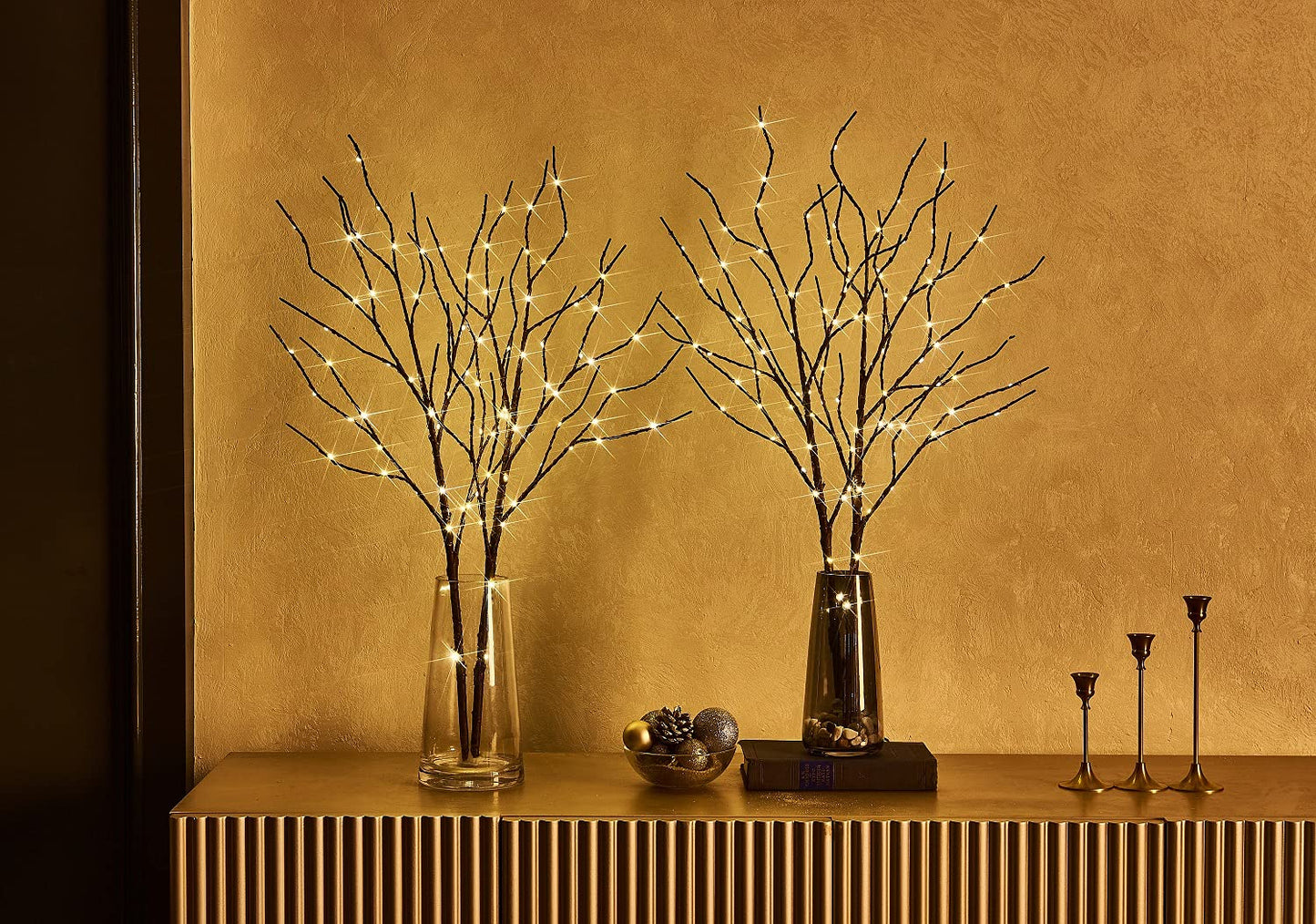 Fudios Lighted Brown Branches with Timer 32 in 100 LED for Vases Battery Operated, Artificial Willow Branch Twigs with Warm White Lights for Christmas Holiday Party Decor
