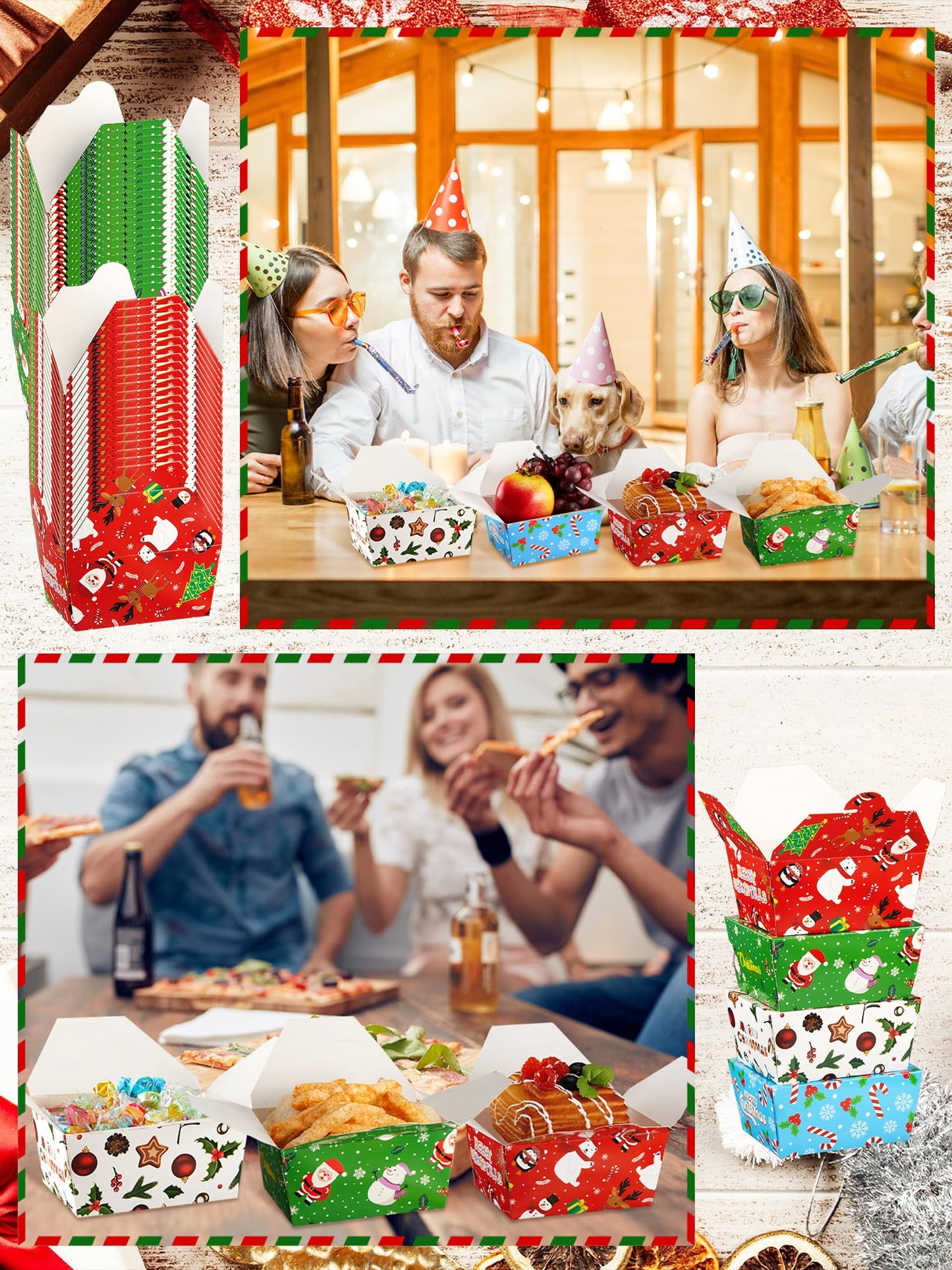 Estune 60 Pack Christmas Take out Food Boxes 2.56'' x 4.65'' x 3.54'' Christmas Disposable Treat Containers Candy Goodie Gift Boxes for Party Favor