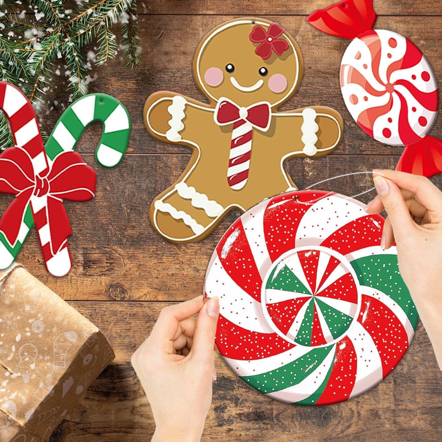 18 Pcs Gingerbread Christmas Ornaments, Candy Gingerbread & Peppermint Yard Signs, Outdoor Xmas Hanging Ornaments for Lawn, Festive Winter Party Supplies