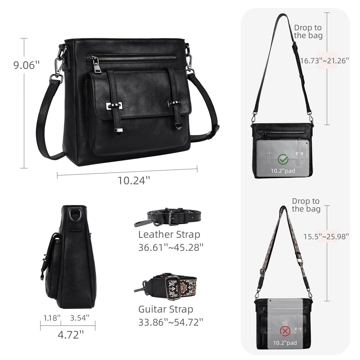 Iswee Soft Leather Crossbody Bags for Women Shoulder Handbags Multi Pocket Travel Purse with Adjustable Strap Medium Size (Black)