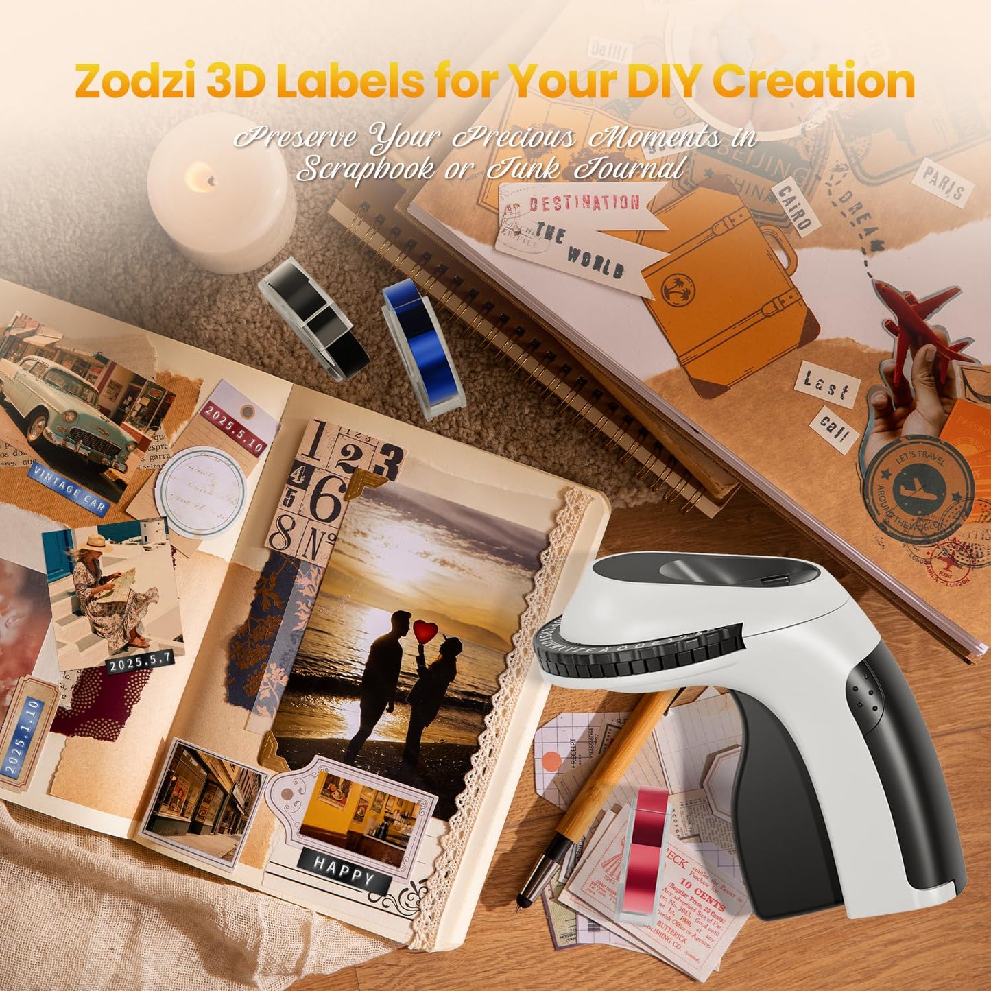 Zodzi Label Maker,Vintage Embossing Label Maker,Retro Embossed Label Maker Machine for DIY Crafts,Junk Journal Kit & Scrapbook Supplies,Old School Embosser with 3 Rolls 9mm 3D Labeler Waterproof Tapes