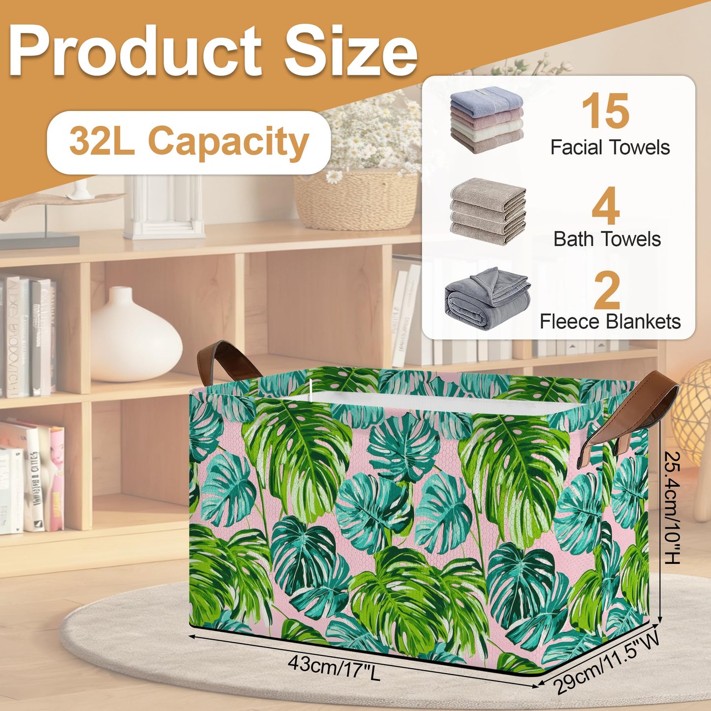 Oeaskly Palm leaves Storage Bins with Handles, Oxford Fabric Storage Basket with Sturdy Frame, Foldable Closet Organizer for Clothes Towels Blankets Shelf Storage