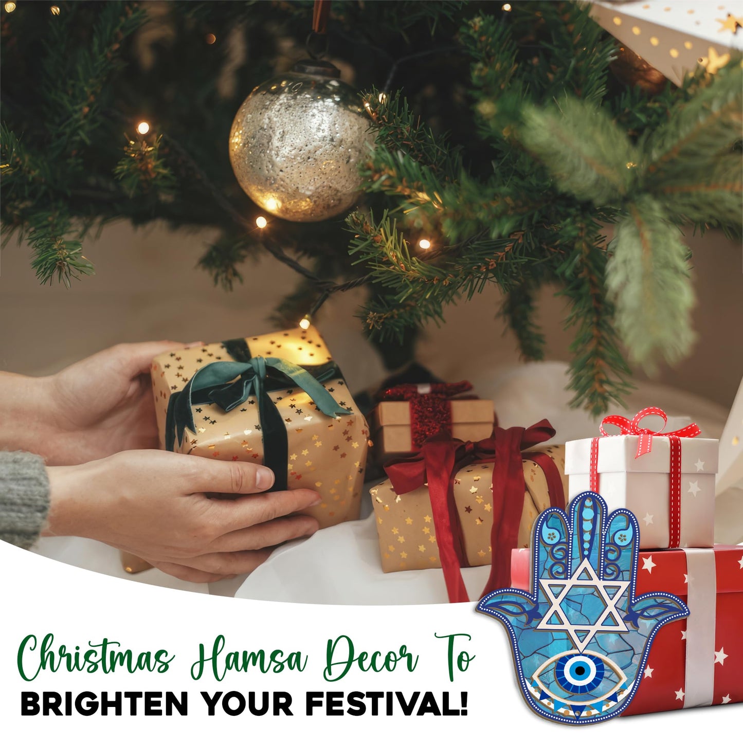 FLAGWIX Christmas Hanukkah Gifts for Women Men - Double-Layered Christmas Ornament for Tree Decorations - Hamsa Hand Suncatcher Decor, Housewarming Gift Ideas, Spiritual Gifts for Family Friends