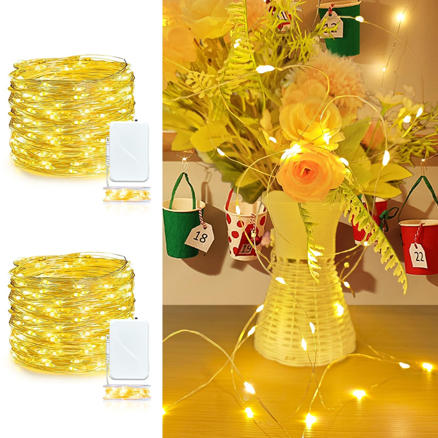 Aogist 2-Pack 16FT Fairy Lights with Spool,Ultra-Bright 50 LEDs Battery Operated Copper Wire String Light for Bedroom Christmas Wedding Centerpiece Parties Decoration,Warm White