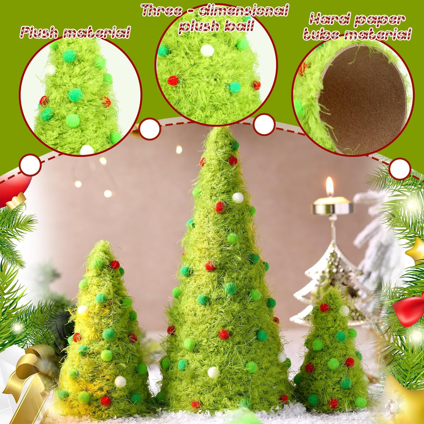 Fullhawl 3 Pcs Christmas Table Decorations Lime Green Furry Christmas Tree Yarn Centerpiece Artificial Plush Fur Fluffy Spot Surface Cone Table Signs Xmas Party Decor (Green,Multiple Size)