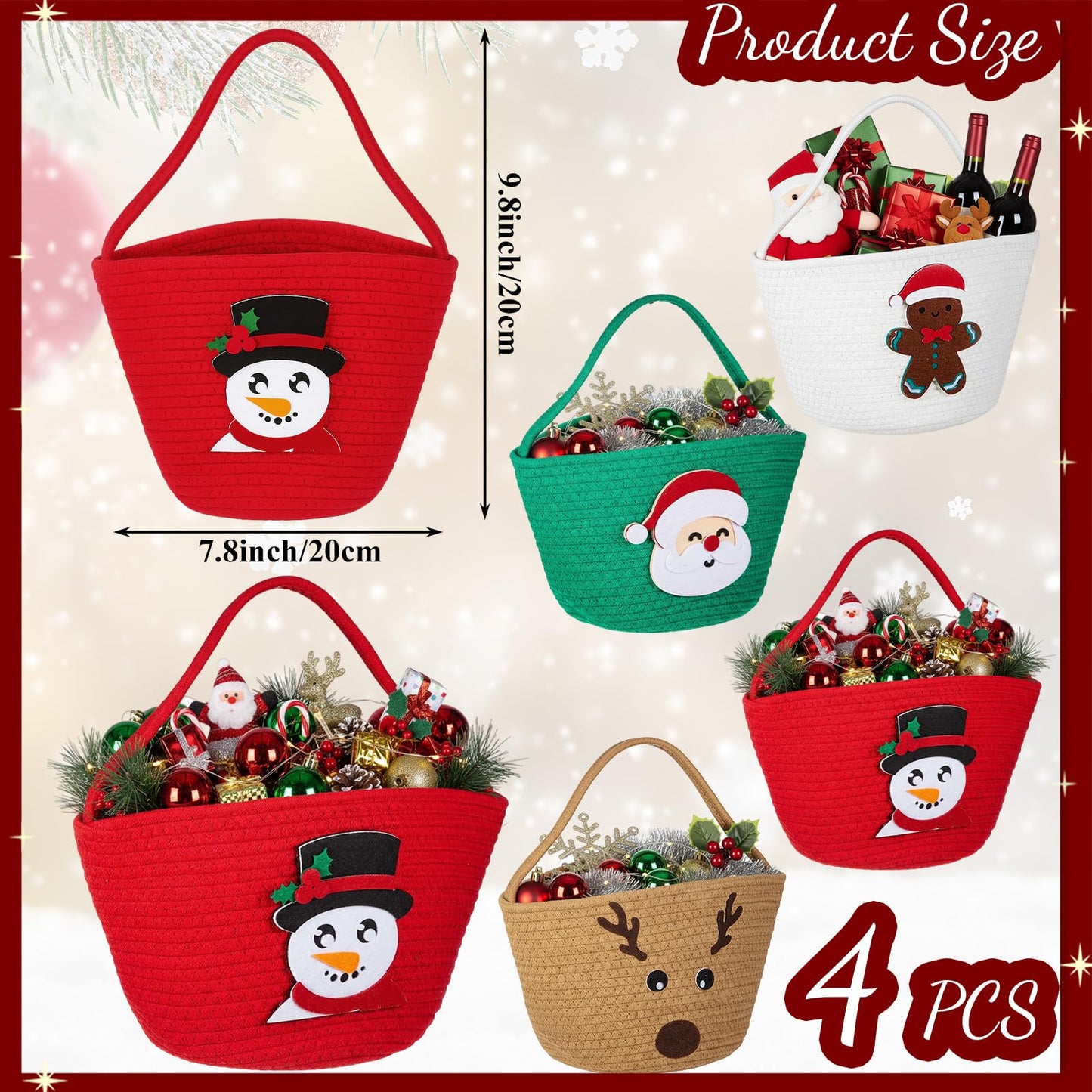 Sliner 4 pcs Christmas Woven Basket Empty for Gifts Woven Cotton Rope Basket with Christmas Xmas Decoration Storage with Handle for Baby Showers Snack Storage Xmas Decor Party Supplies Gifts