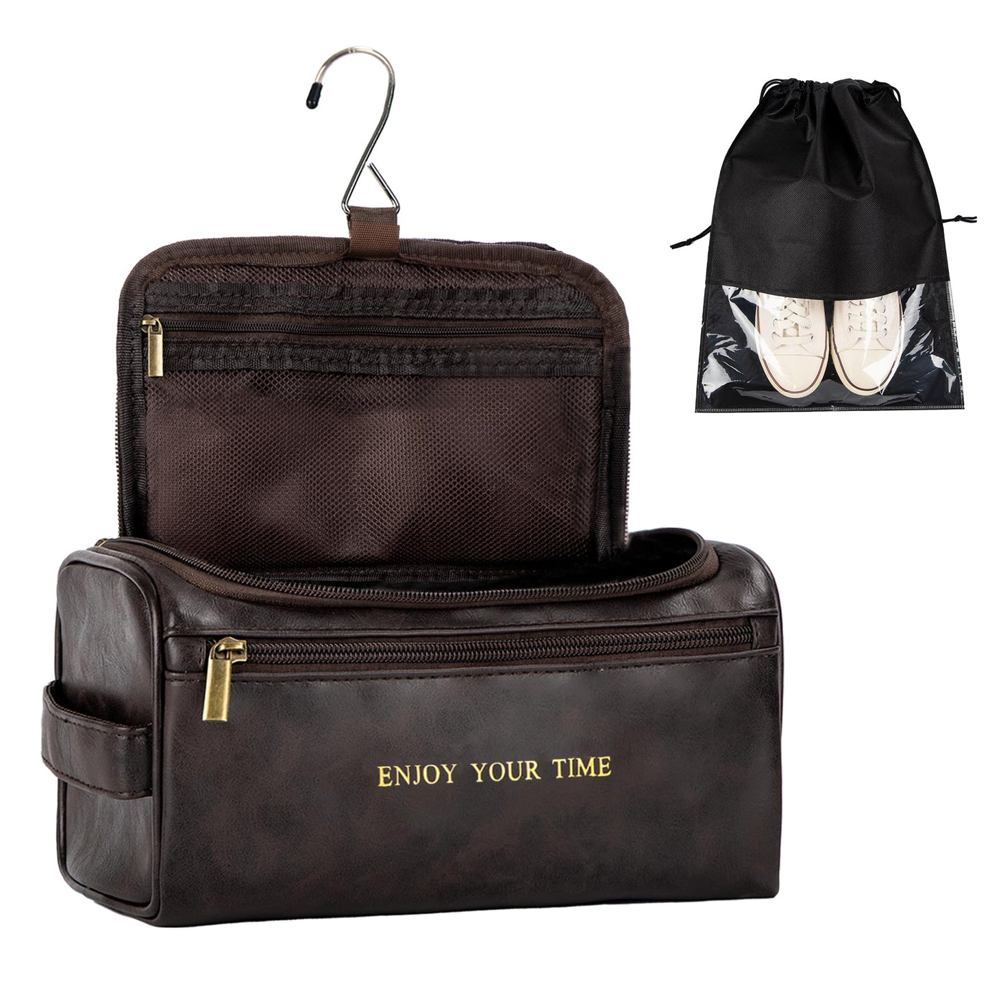 Flycalf Mens Toiletry Travel Bag Groomsmen Father Dad Leather Toiletries Grooming Bag for Men Shaving Bag Hanging Water Resistant Organizer (Coffee)