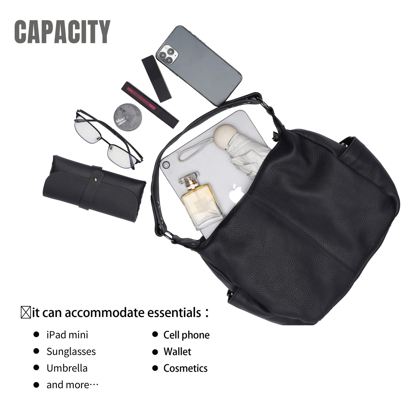 Genuine Leather Purses for Women Black Hobo Bag Work & Casual Crossbody Handbag with Two Adjustable Straps