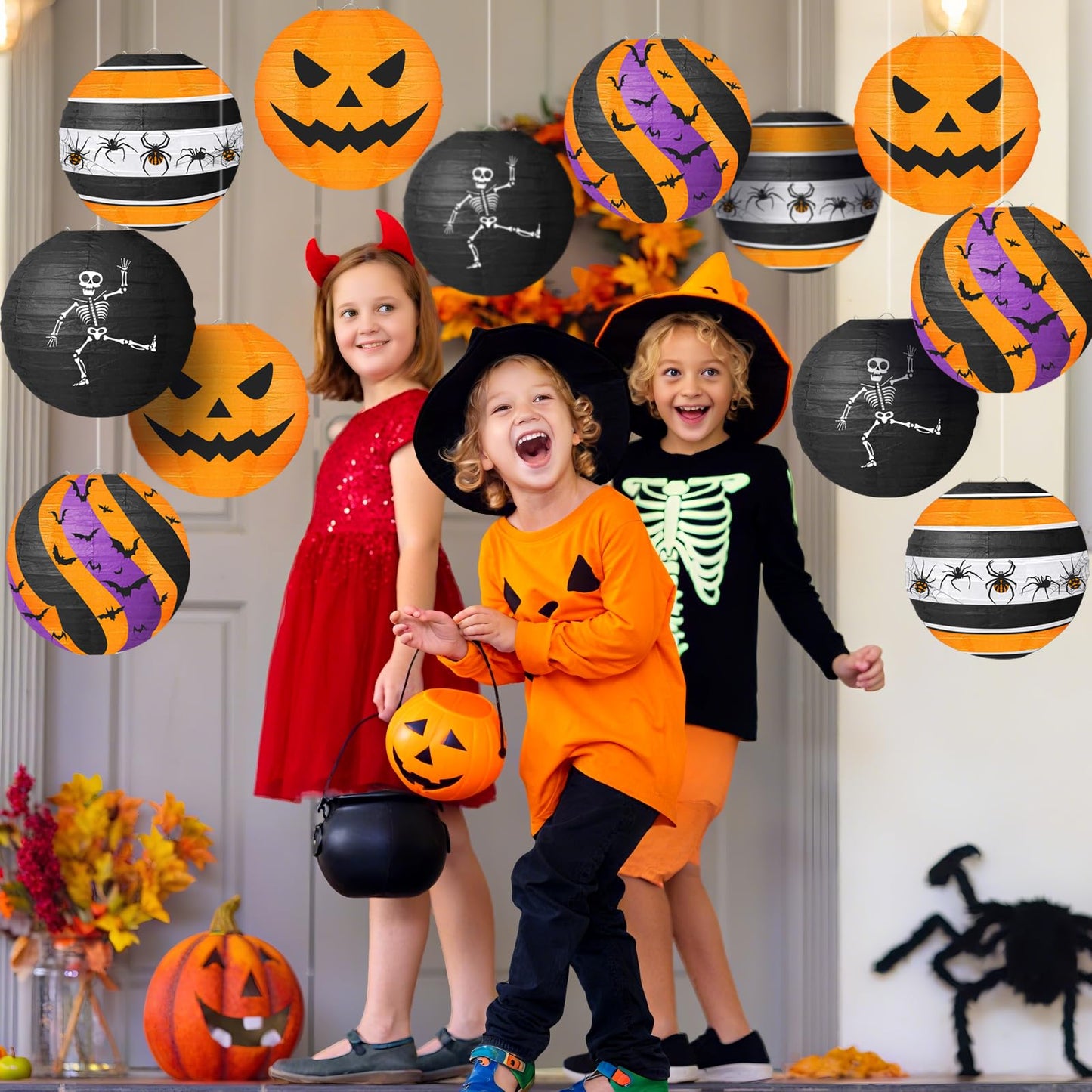 Halloween Paper Lanterns, 12 PCS Halloween Hanging Paper Lanterns, Orange Black Purple Spider Skeleton Bat Lanterns for Halloween Party Decorations Indoor Outdoor Spooky Home Decor