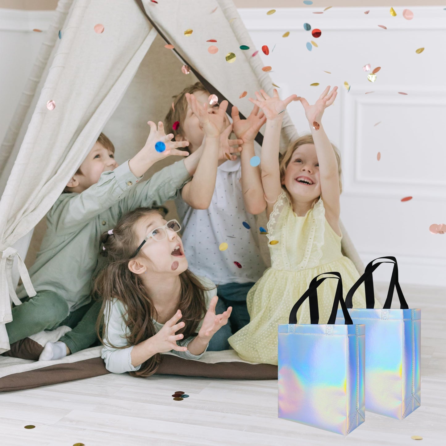 cabzymx 18 Pcs Glossy Iridescent Small Gift Bags Bulk, 8x3.9x9.8 In Non-woven Party Bags for Present with Sturdy Bases for Birthday, Wedding, Easter, Party, Holiday