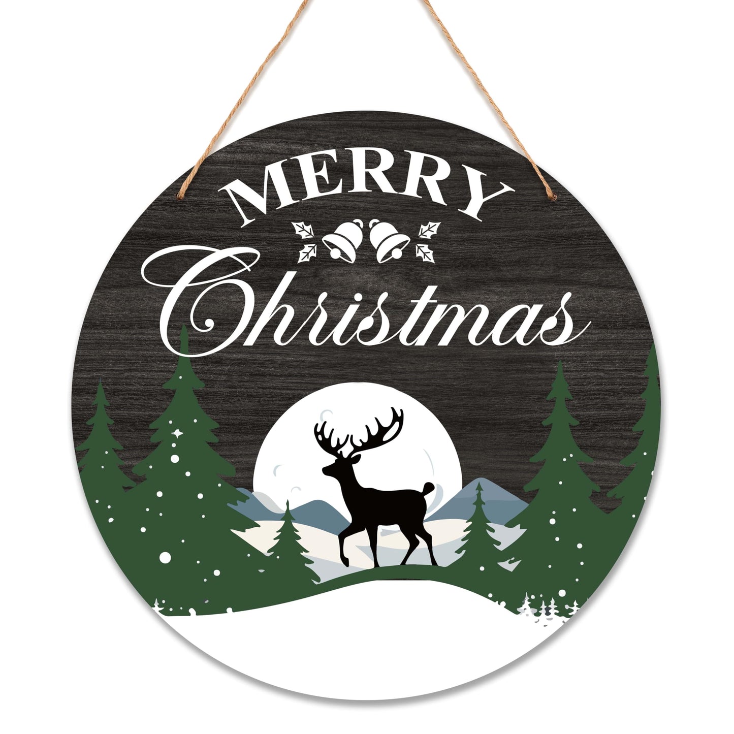 OXRUN Merry Christmas Wooden Hanging Decorations, Winter Xmas Tree Reindeer Door Sign with Jute Rope, Wooden Farmhouse Wall Front Door Hanger, Housewarming Gifts-A01