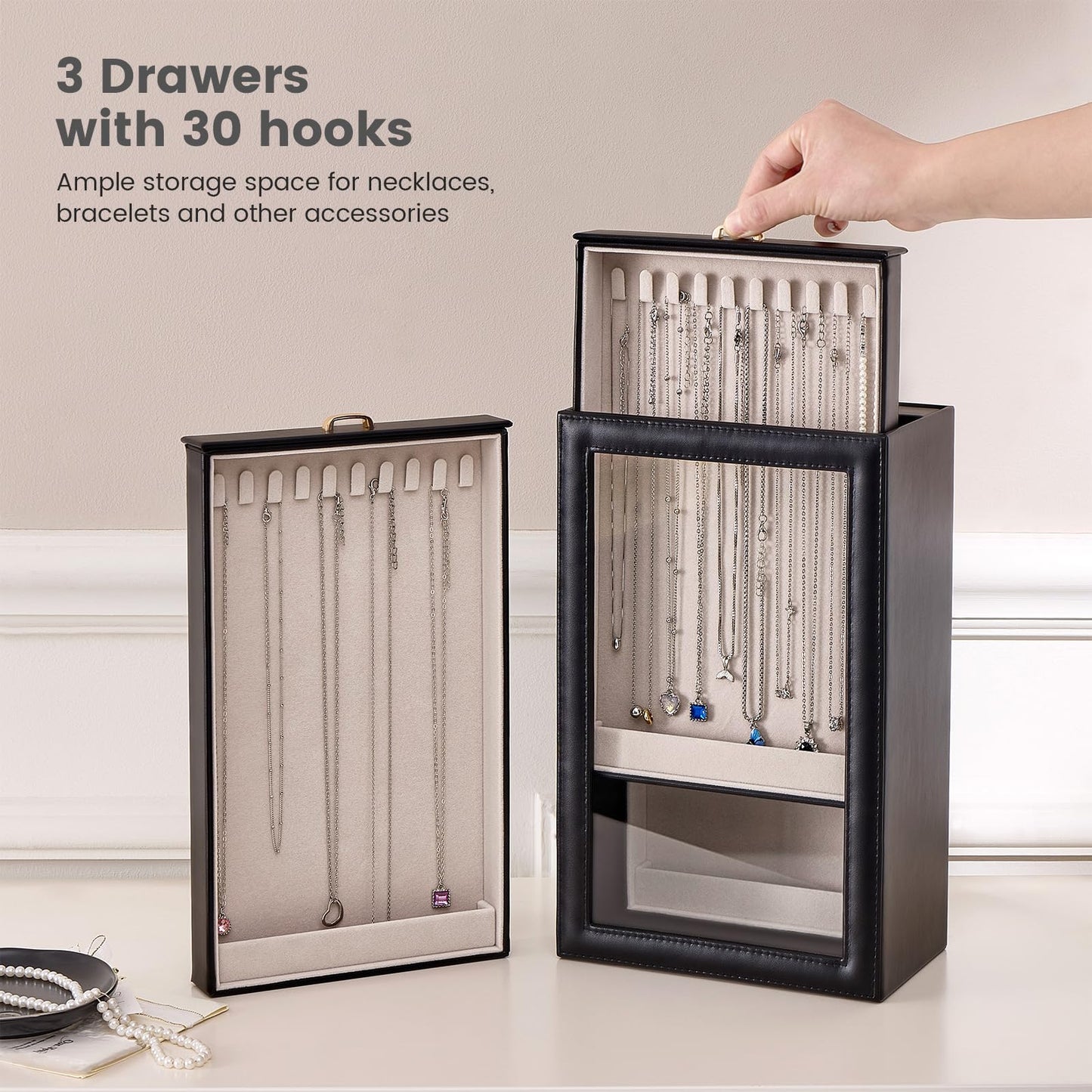 Lolalet Necklace Organizer Box, Jewelry Storage Box with Clear Window for Necklaces Bracelets, Tangle-Free Necklace Display Case for Women Girls, Black, 3 Layers 30 Hooks