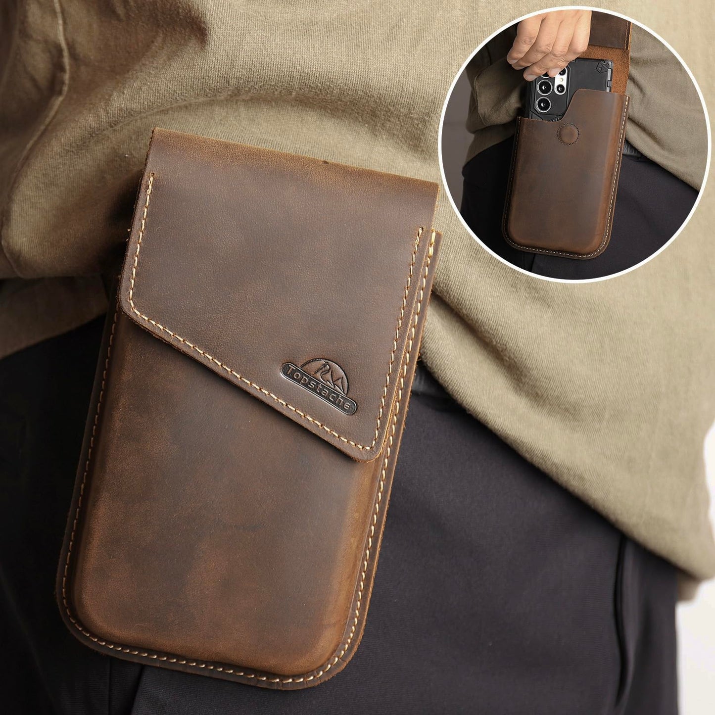 Topstache Leather Phone Holster for Galaxy S25 Plus, S24 Plus - Leather Phone Pouch with Belt Clip for iPhone 17 Pro Max, 17 Air, 16 Pro Max, 16 Plus - Belt Pouch Holder, XL,Darkbrown