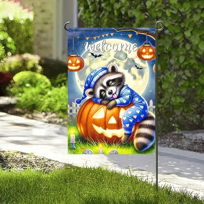 Halloween Raccoon Jack O Lantern Garden Flag Double Sided, Halloween Holiday Decorative Yard Outdoor Home Small Decor, Fall Autumn Outside House Decoration 12 x 18 inch
