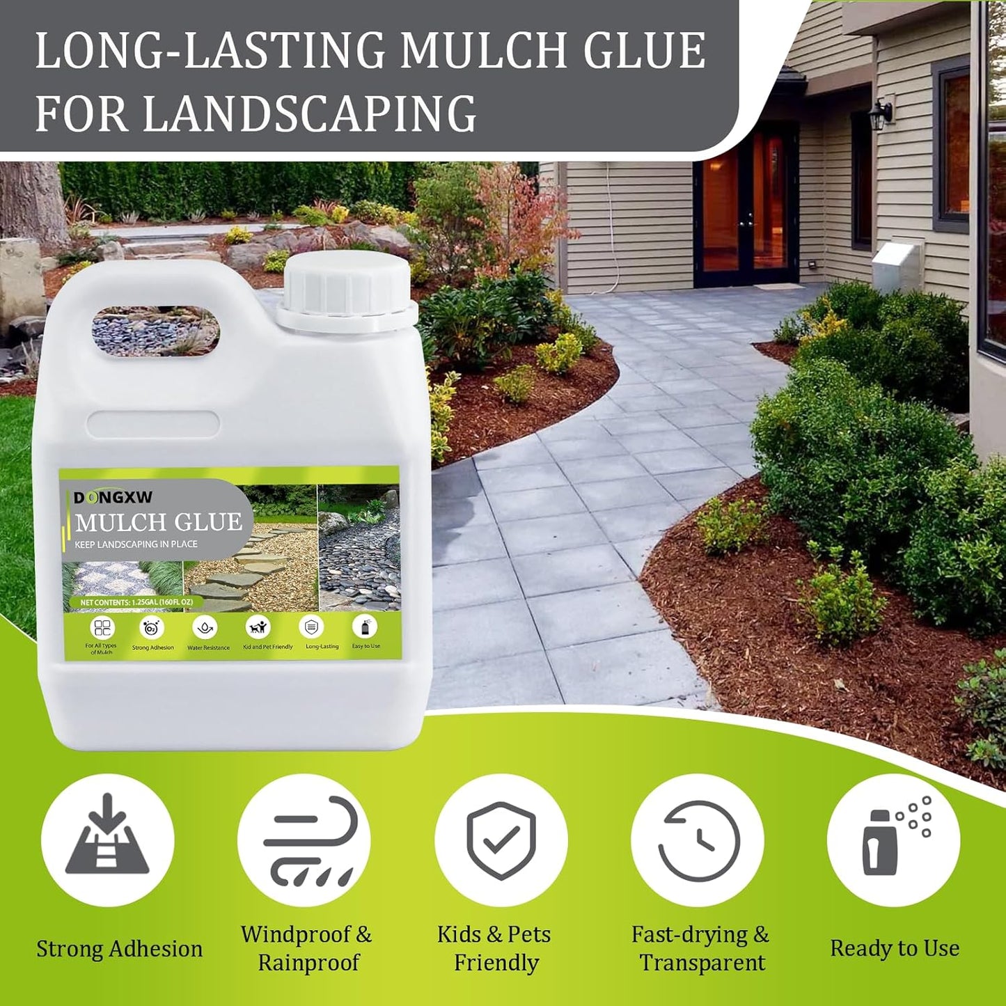 Mulch Glue for Landscaping 1.25 Gallon, Long-Lasting Rock Glue Gravel Binder, Strong Rubber Mulch Stabilizer Landscape Mulch Anchor for Pea Gravel, Max Concentrated Stones Lock Adhesive
