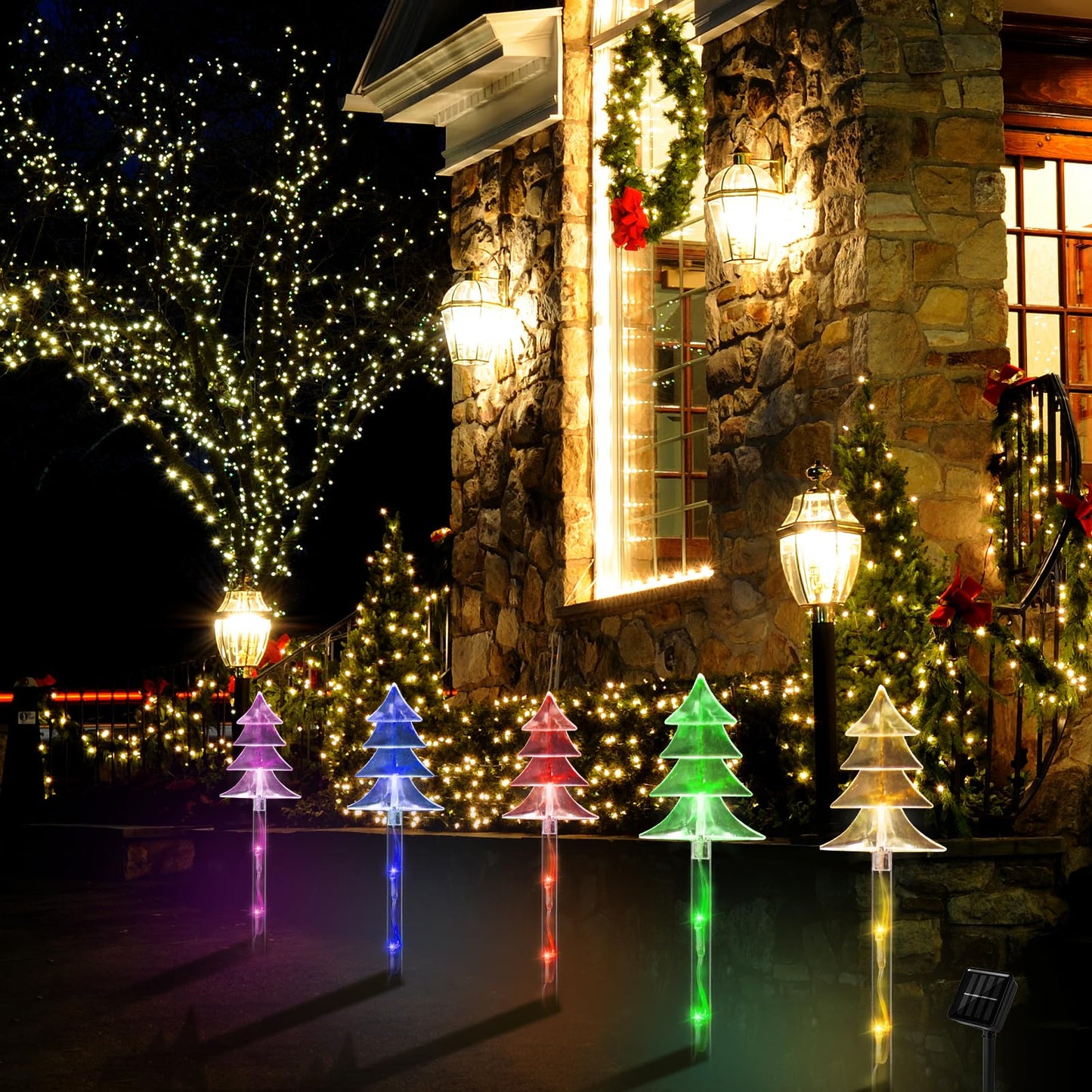 ILLUMINEW Christmas Solar Stake Lights, 5 Pack Waterproof Landscape Christmas Lights, Pathway Christmas Decorations, LED Lights for Yard Lawn Patio Walkway Decor (5PCS Tree-Multi)