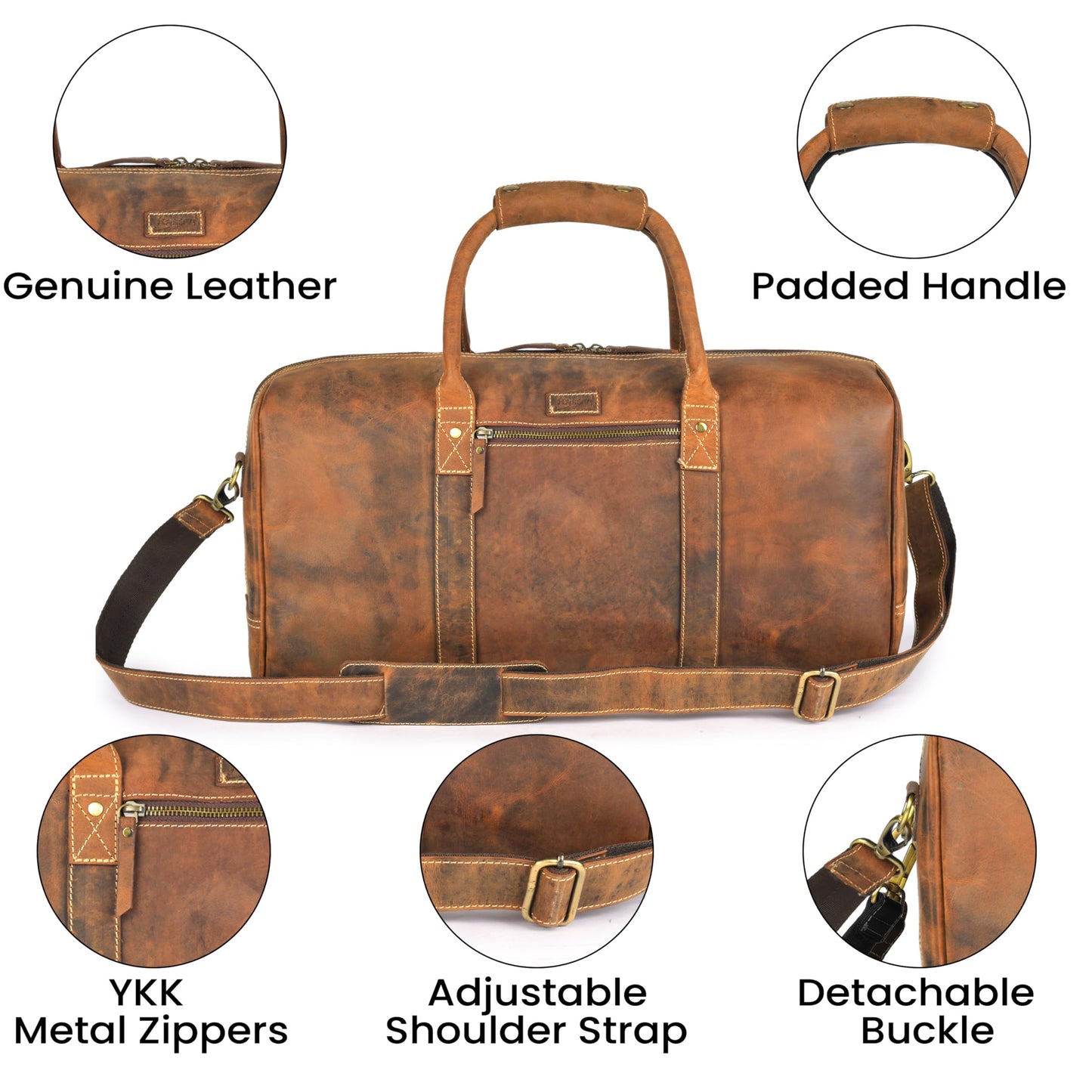Rasavi Leather Duffel Bag for Men & Women – 20 Inch Travel Weekender, Carry-On, Overnight Travel, Sports & Gym Luggage Bag- Tan