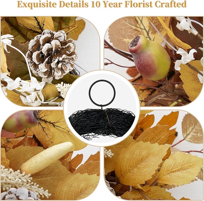 Fall Wreath for Front Door, 24 Inch Autumn Wreath with Pine Cones, Grain Ears, Oak Leaves and Maple Leaves Fall Decorations for Home, Artificial Flowers Harvest and Thanksgiving Indoor & Outdoor