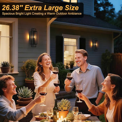 𝟐𝟔.𝟑𝟖𝐈𝐍 Porch Light Outdoor, Dusk to Dawn Wall Lantern with Tempered Glass, Waterproof Outside Light Front Porch Light 3-Light, Matte Black Front Open Window Wall Sconce for Patio