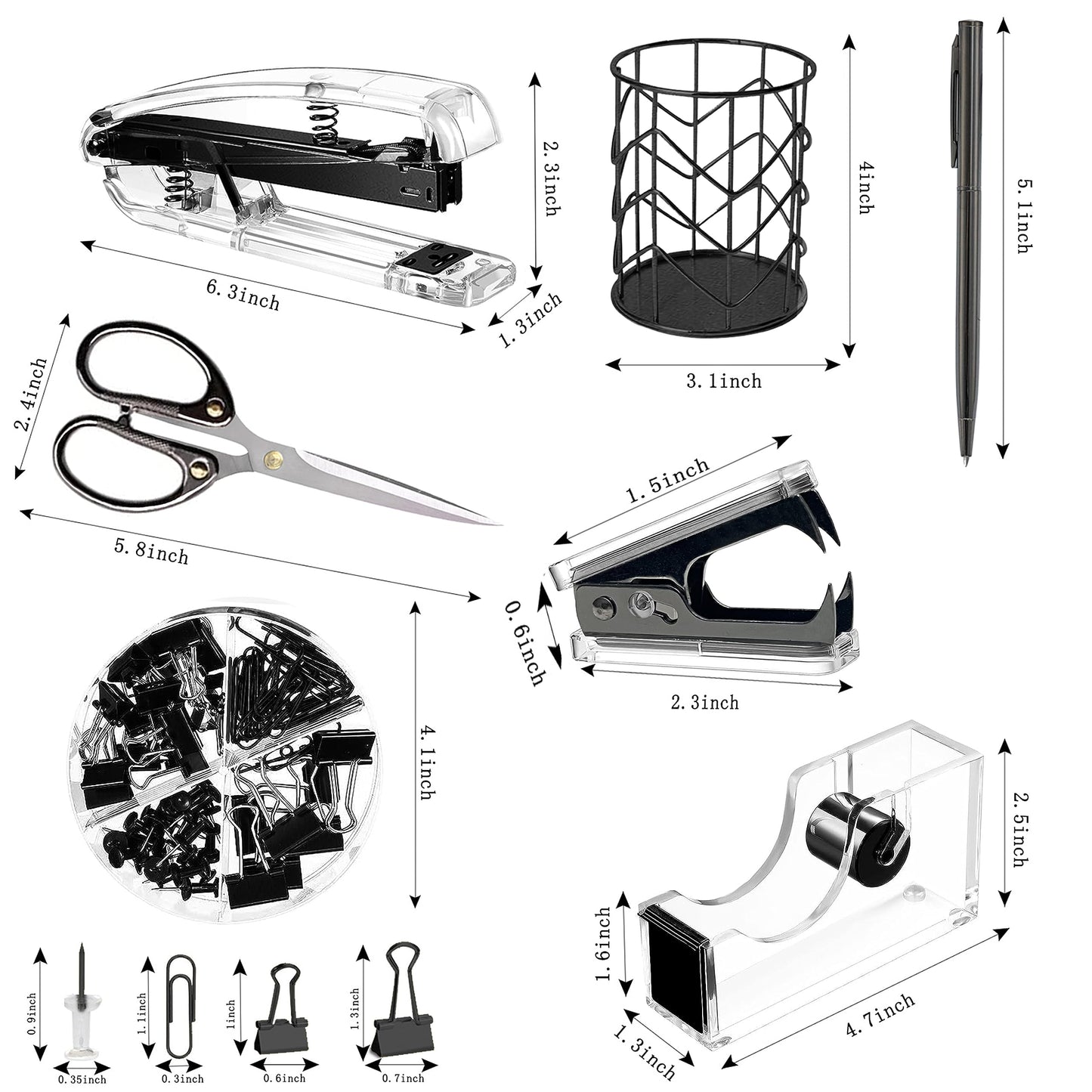 Office Desk Accessories，Office Supplies Set Acrylic Stapler Set Staple Remover, Tape Holder, Pen Holder, 2 Ballpoint Pen, Scissor, Binder Clips, Paper Clips and 1000pcs Staples(Black)