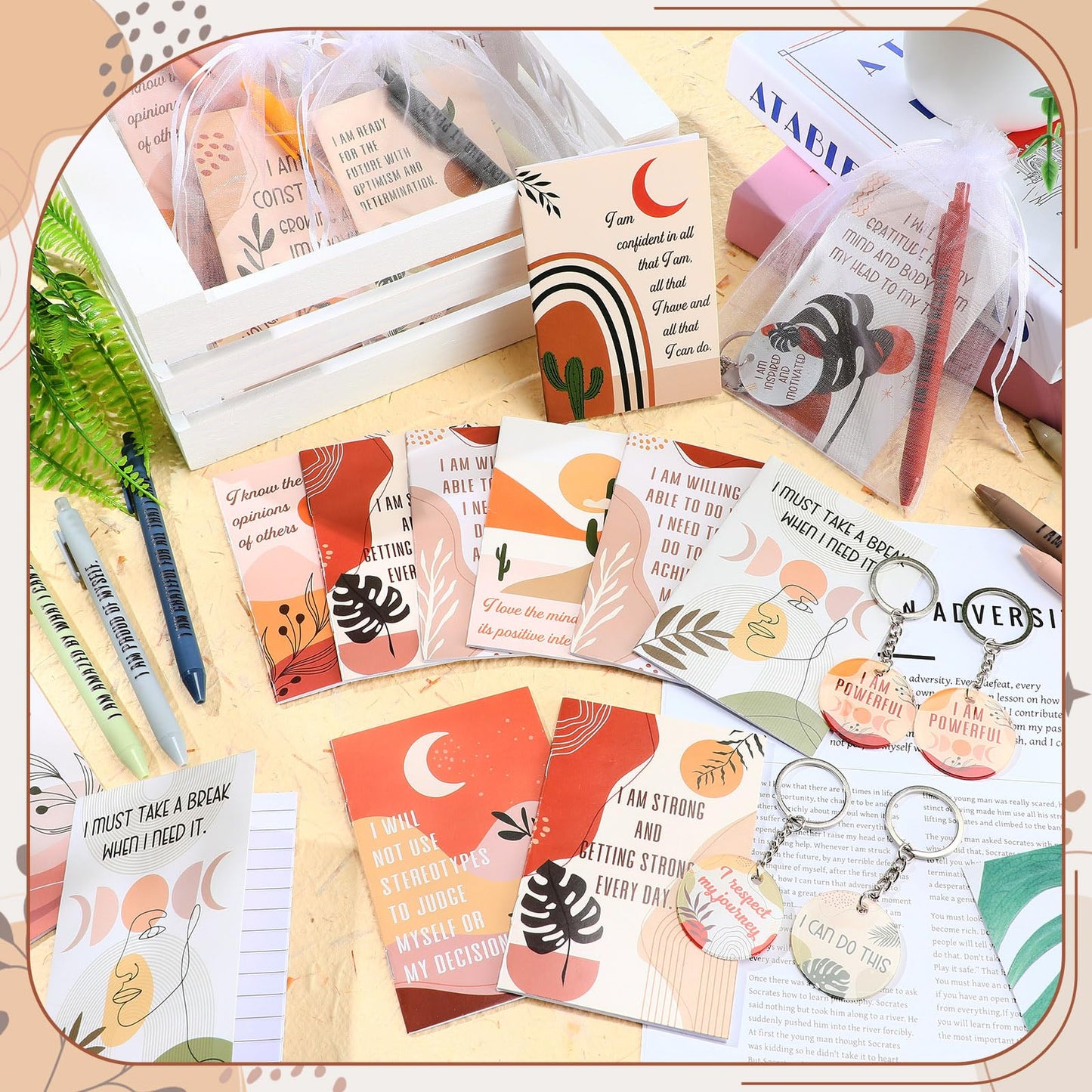 Mooliwe 36 Pcs/12 Set Positive Affirmation Gift Set Gratitude Notebooks with Pens Acrylic Keychains Small Bags Motivational Notepads for Women Coworkers Christmas Adults Party Favors (Boho)