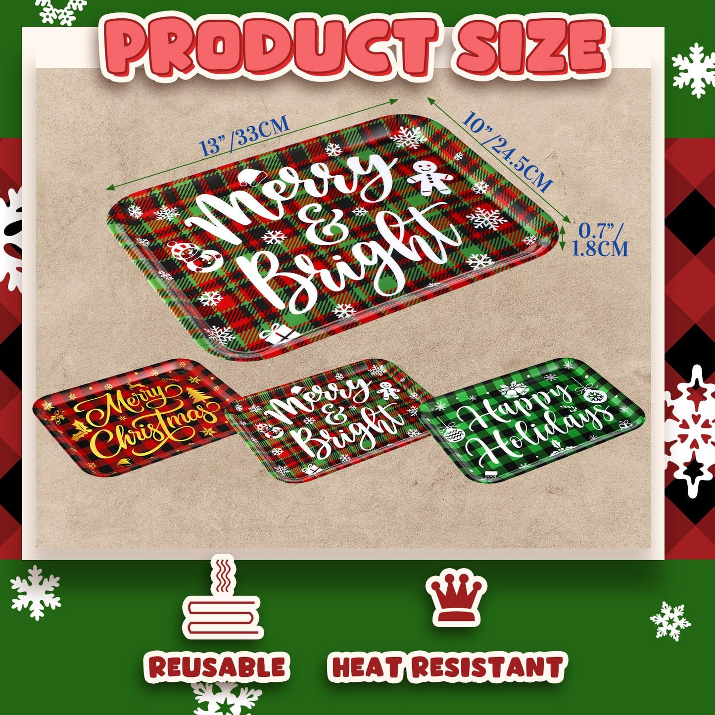 Rtteri 3 Pcs 13 x 10 Inch Christmas Serving Trays Red and Green Plaid Plastic Xmas Serving Platters Dishes Reusable Christmas Decorations for Holiday Party Sharing Snack Fruit Dessert Candy