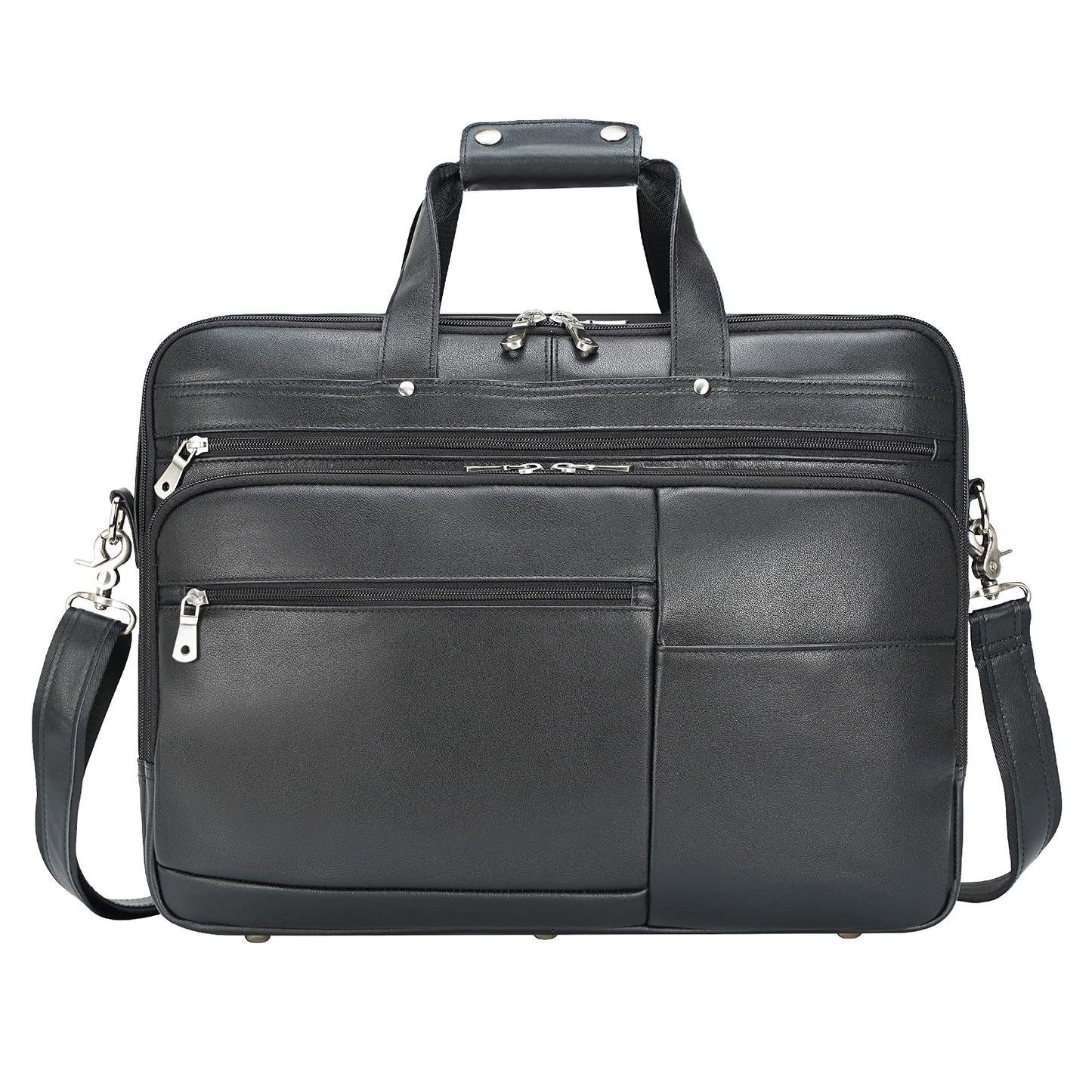 Polare X-Large 18" Napa Leather Briefcase For Men Business Travel Case Messenger Bag Fits 17.3" Laptop (Black)