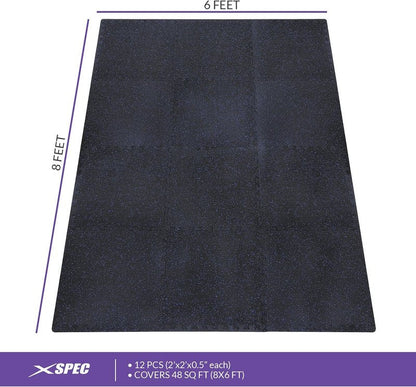 Xspec Interlocking Rubber EVA Foam Exercise Mat - Durable Gym Flooring Tiles | 48 sq ft (12 Tiles) | Black/Blue