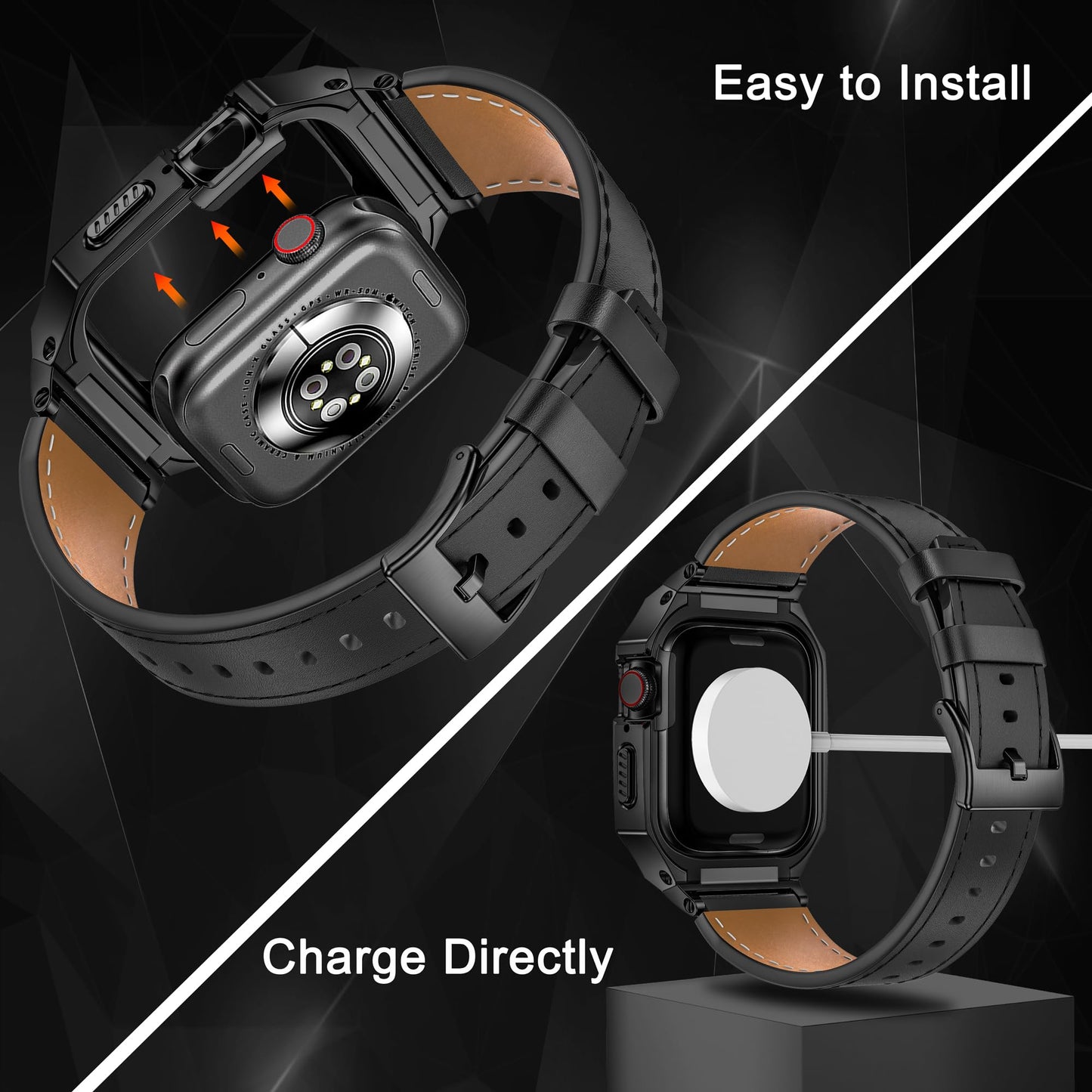 HASLFM Stainless Steel Case and Leather Band Compatible with Apple Watch 45mm for Men,Genuine Leather Apple Watch Strap and Metal Cover for iWatch Series 9 8 7,Black