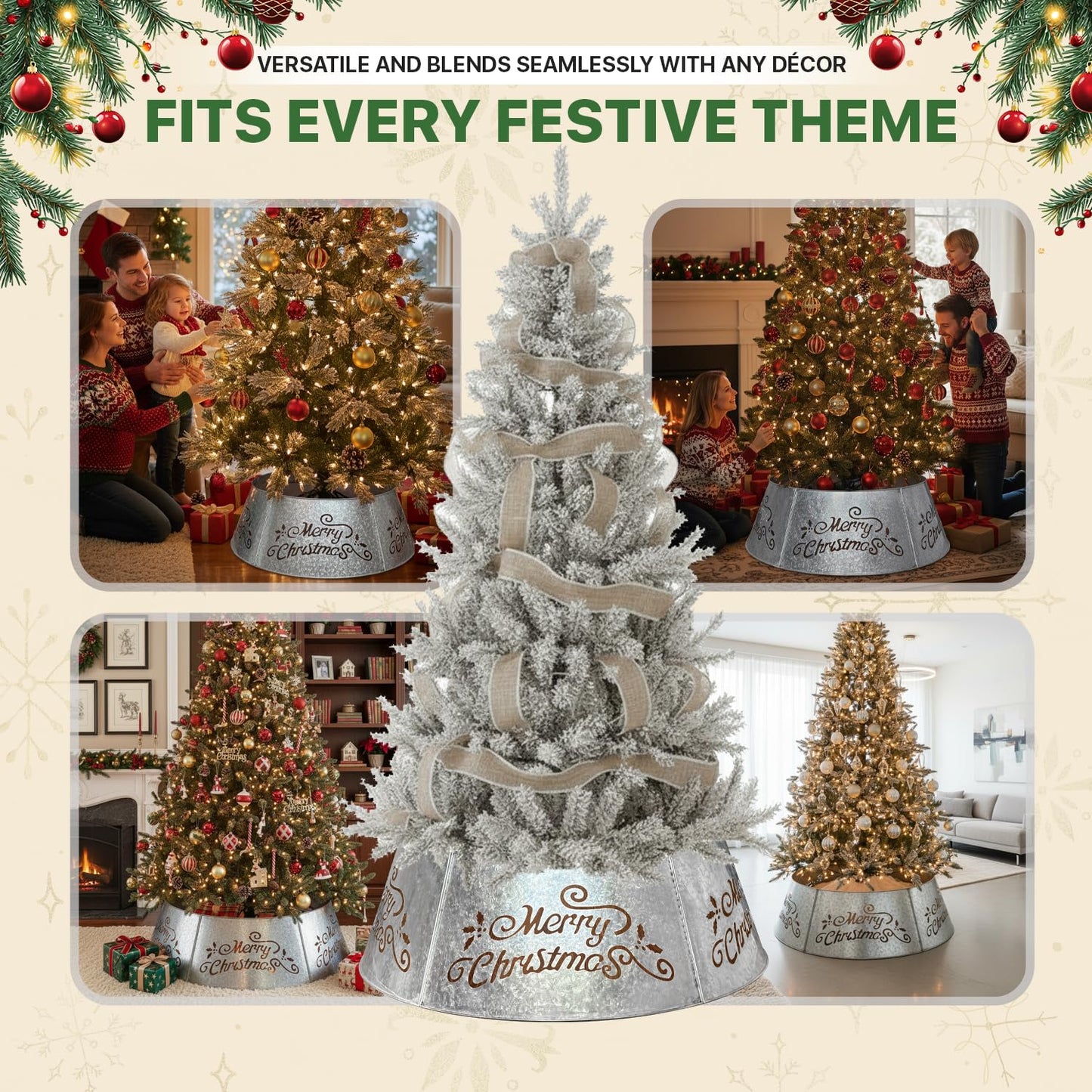 WKHOMEDECO 35.5" Large Metal Christmas Tree Collar - Christmas Tree Collars for Artificial Trees, Metal Tree Collar with Laser-Cut Merry Christmas Pattern,Extra Wide Adjustable & Pet-Safe (Galvanized)