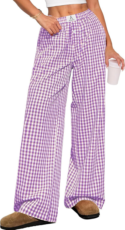 ANRABESS Womens Striped Gingham Pants 2025 Pajama Lounge Boxer Pants Cute Comfy PJ Bottoms with Pockets Y2K Plaid Outfits