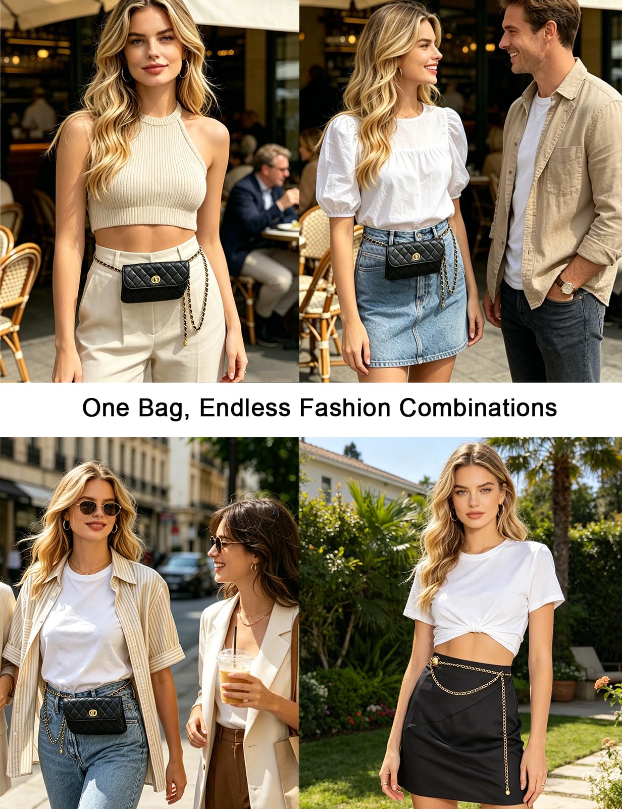 BEMYLV Leather Chain Belt Bag for Women Black Crossbody Phone Purse Adjustable Fanny Pack Fashion Waist Purse Evening Clutch Detachable Mini Handbag