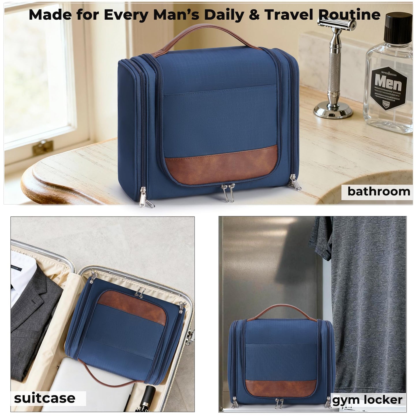 Ralnitote Large Hanging Toiletry Bag for Men, Travel Bathroom Bag with Hook, Hygiene Bag Organizer for Shower, Shaving & Grooming Essentials, Navy