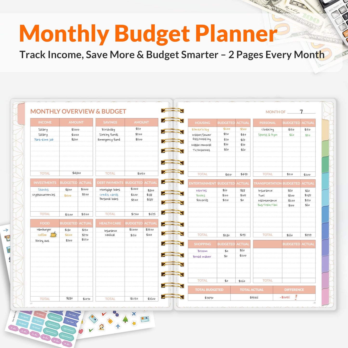 SUNEE Budget Planner - Deluxe Monthly Budget Book with 12-Pockets for Bill Organizer, Undated 12 Month Expense Tracker Notebook & Account Book B5 Size (8" x 10") to Manage Your Finance Planner, Black