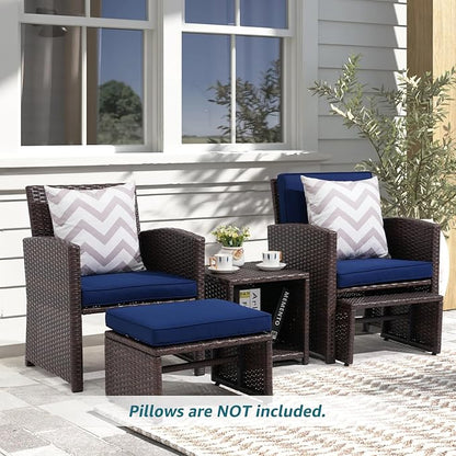 OC Orange-Casual 5 Pcs Patio Conversation Set Balcony Furniture Set with Cushions, Brown Wicker Chair with Ottoman, Storage Table for Backyard, Garden, Porch, Blue