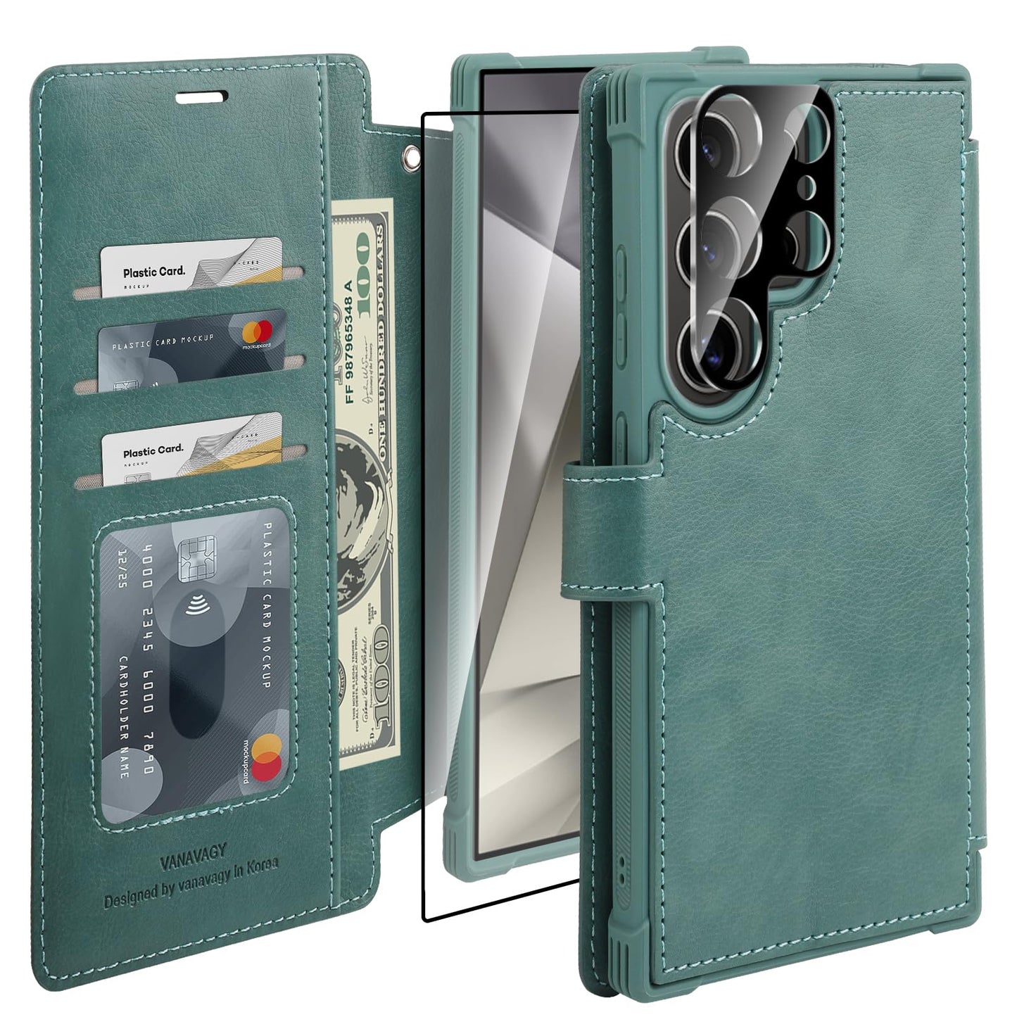 VANAVAGY Wallet Case for Galaxy S24 Ultra with RFID Blocking Card Holder, [Screen Protector & Camera Lens Protector] PU Leather Flip Case with Strap for Wireless Charging,Forest Green