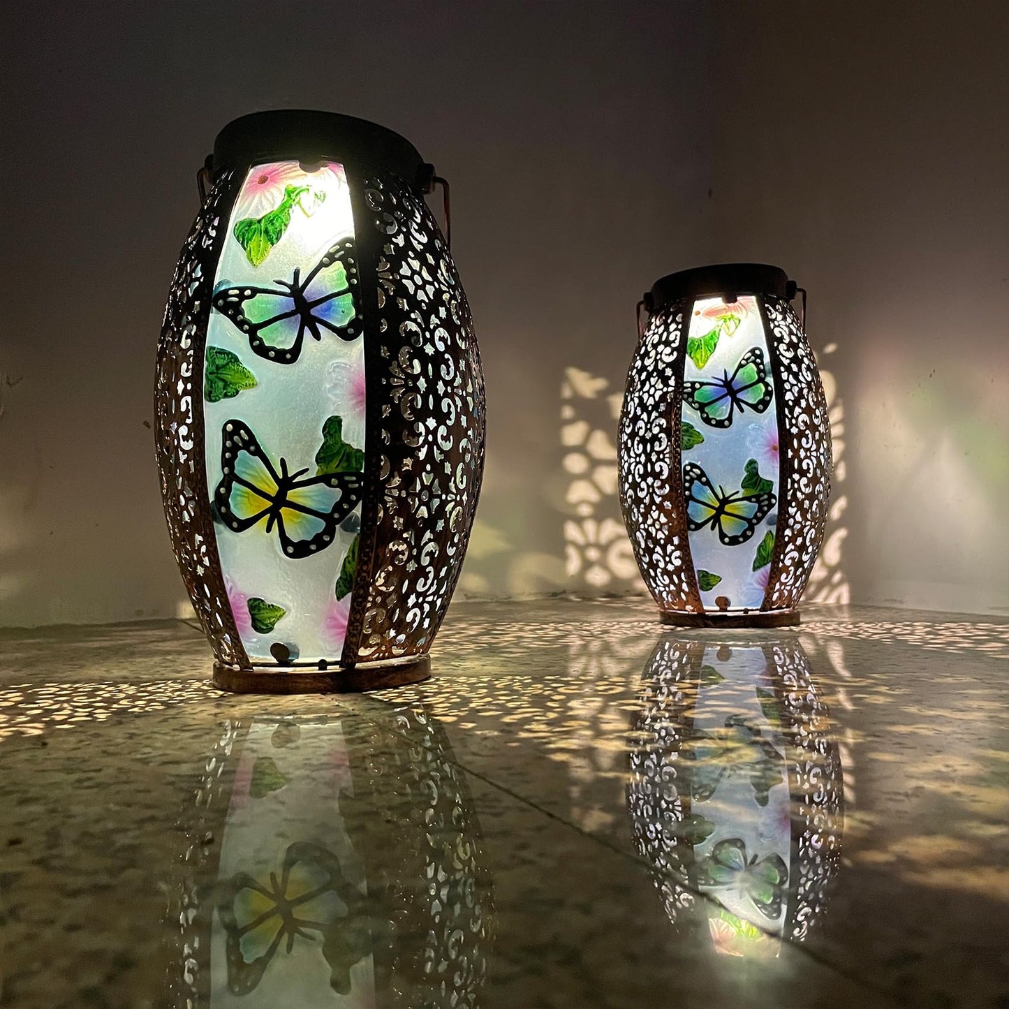 TEYIGARDEN Butterfly Solar Lanterns Glass & Metal Hanging Lantern Outdoor Waterproof 16" H Tabletop Light with Hollowed-Out Design for Garden Patio Table Decor Mother's Day Gift