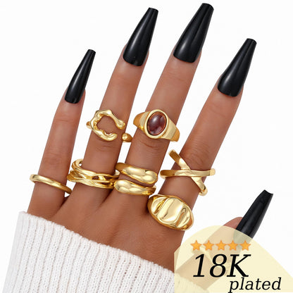 FAXHION 12PCS Gold Stackable Rings Set for Women, 18K Gold Plated Open Stacking Knuckle Ring, Adjustable Chunky Signet Band Statement Ring for Gift