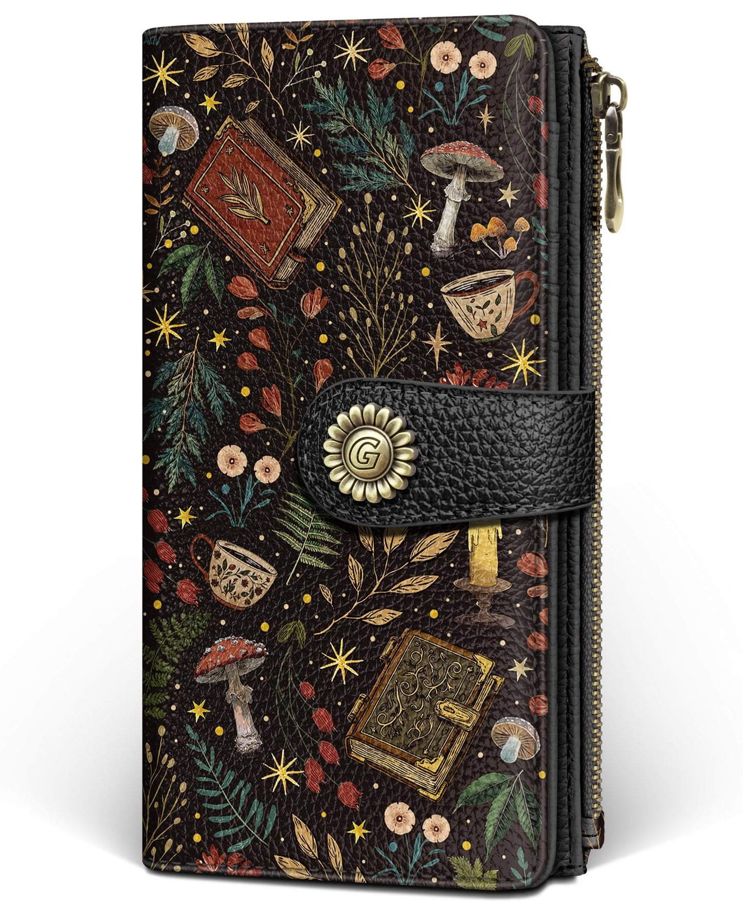 GIANCOMICS Book Mushroom Womens Wallet RFID Blocking, Credit Card Holder Bifold, PU Leather Travel Billfold, Long Cute Cash Purse, Zipper Coin Pocket Clutch, 11 Card Slots, Ladies Gift Woman
