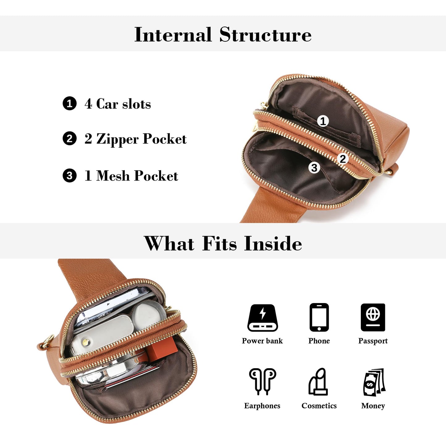 INICAT Women's Small Sling Bag, Lightweight Everyday Vegan Leather Crossbody Purse for Daily Essentials and Travel Light(Brown)