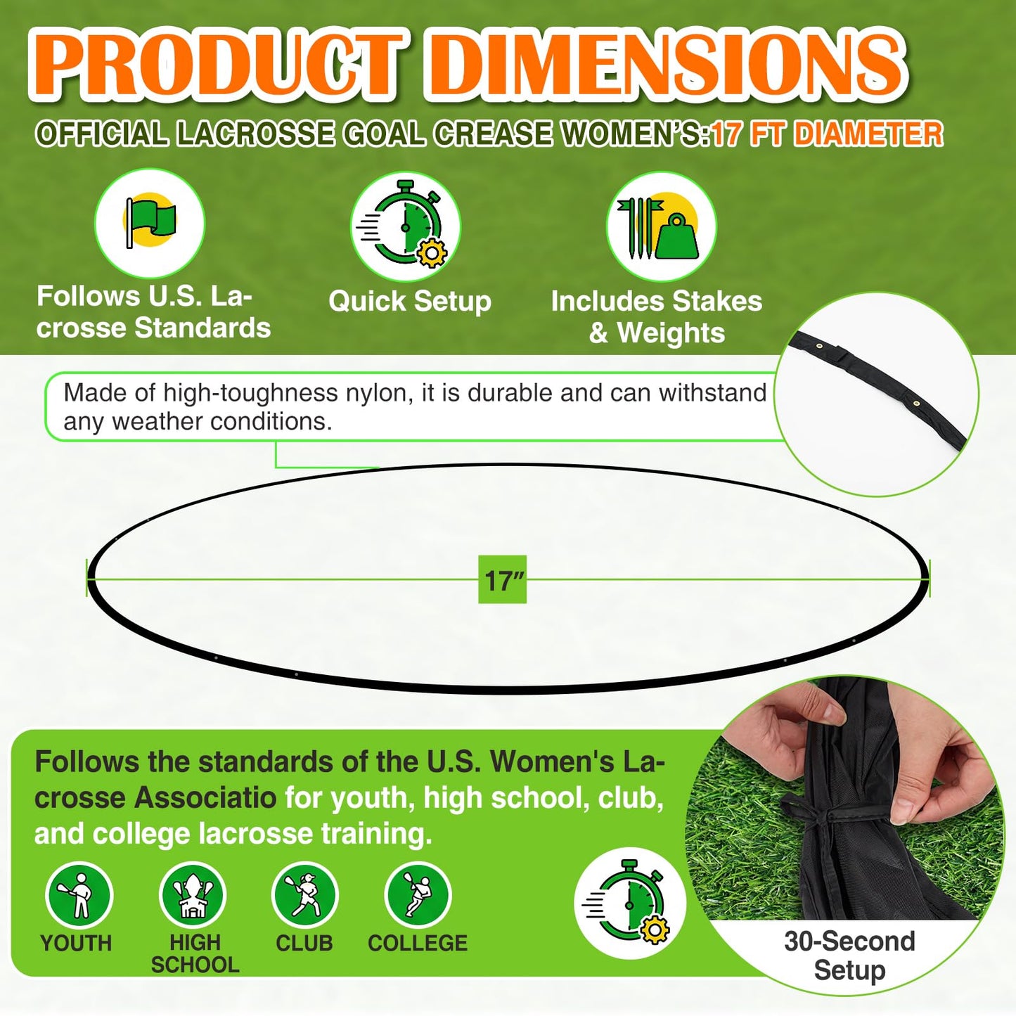 VioraWhite Portable Lacrosse Crease 17 ft, Women's Regulation Size Portable Lacrosse Goal, Weather Crease with Weights, Stakes and Carry Bag(Black)