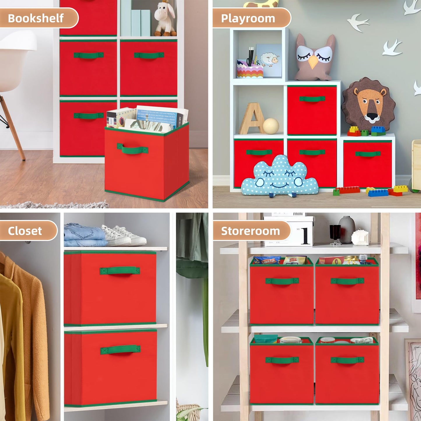 STORAGE MANIAC Storage Cubes, 11 Inch Durable 6 Pack Storage Shelf Basket for Christmas, Fabric Foldable Collapsible Bins with Handles for Organization, Closet, Shelves, Offices, Red