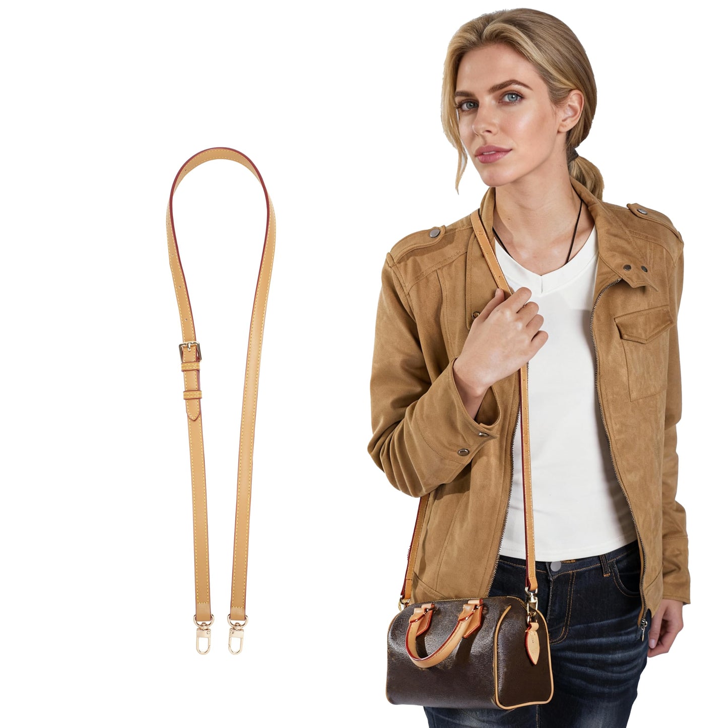 LvansWtl Adjustable Vachetta Leather Replacement Strap, Compatible with Diane，Pochette，Saumur，Boulogne Crossbody/Single-Shoulder/HOBO Bags with Length 37.8-48.43in (0.59" Width)