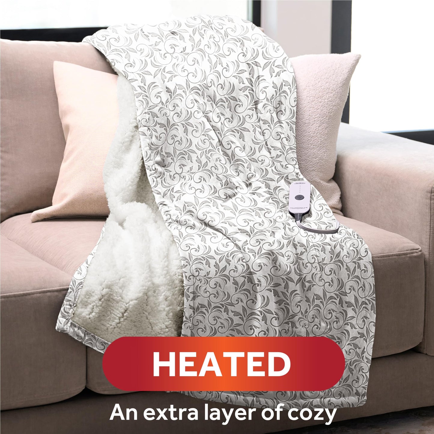 Sunbeam Electric Throw Royal Mink Sherpa Heated Blanket, 4 Heat Settings, 4-Hour Auto Shut-Off, Fast Heating, Luxurious and Ultra Comfy, Night Fog Color, 50" x 60"