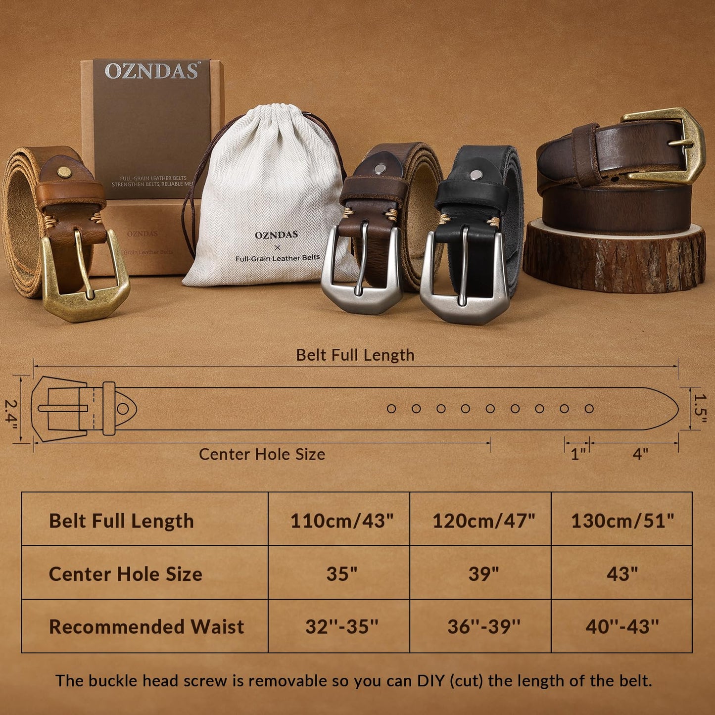 OZNDAS Genuine Black Leather Belt for Men Women Handmade Heavy-Duty Work Belt Leather Men's Belts | Jeans/Casual/Christmas Gifts