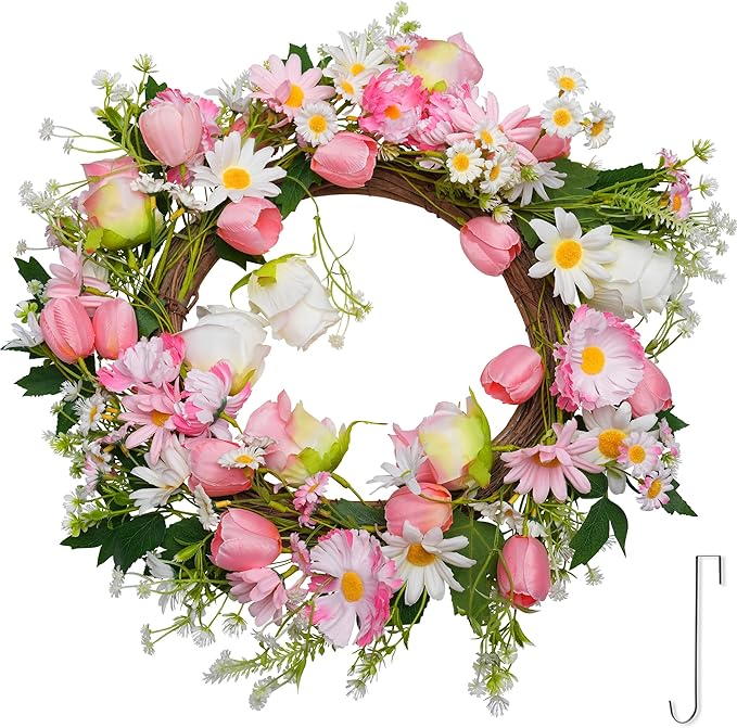Spring Summer Wreath for Front Door 20”, Artificial Flower Door Wreath with Pink White Roses Tulip Dasiy Wreaths with Hook for Windows Wall Deco Indoor Outdoor