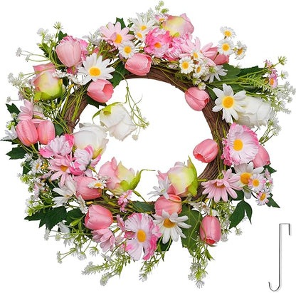 Spring Summer Wreath for Front Door 20”, Artificial Flower Door Wreath with Pink White Roses Tulip Dasiy Wreaths with Hook for Windows Wall Deco Indoor Outdoor