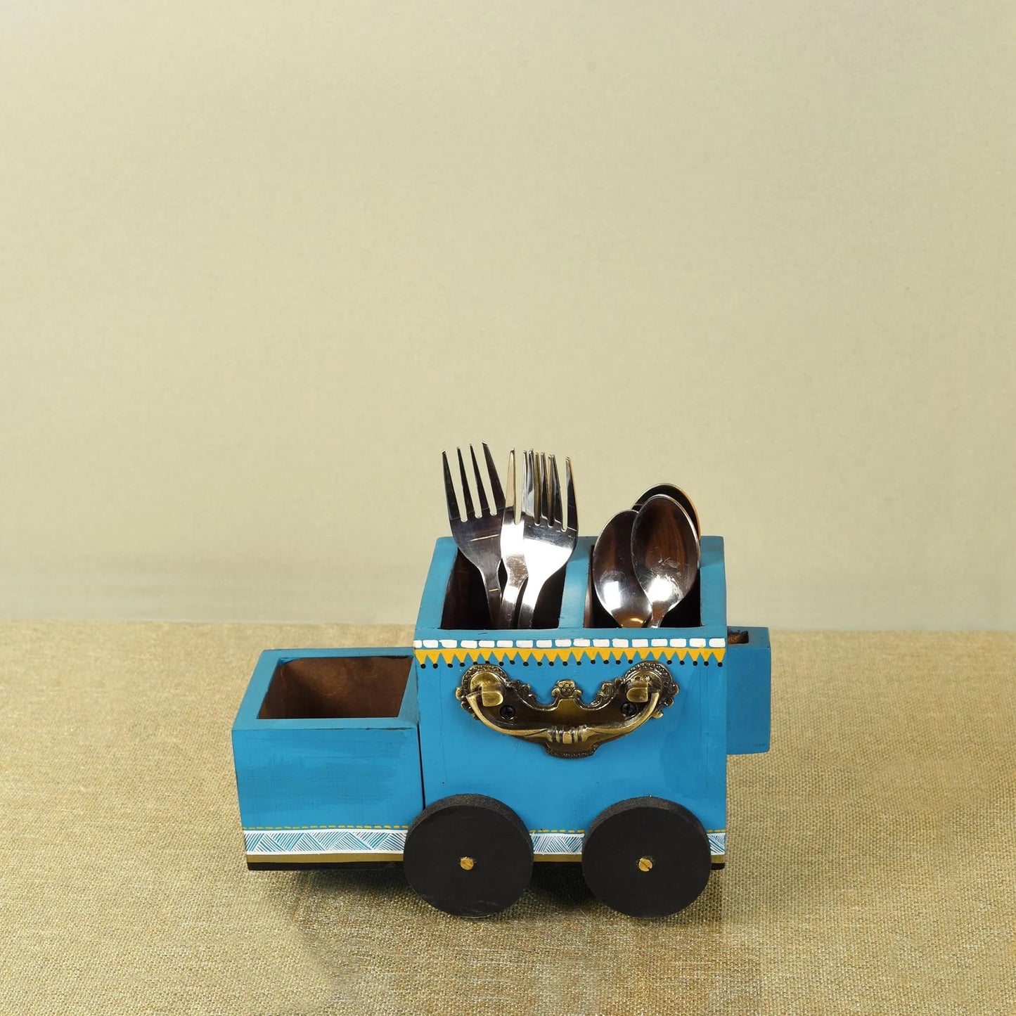 dudki The Blue Rider Wooden Cutlery Holder | Spoon Stand for Dining Table | Chammach Stand | Cutlery holder | Caddy organizer for kitchen storage spoons forks knives tissue paper Dispenser, Utensils